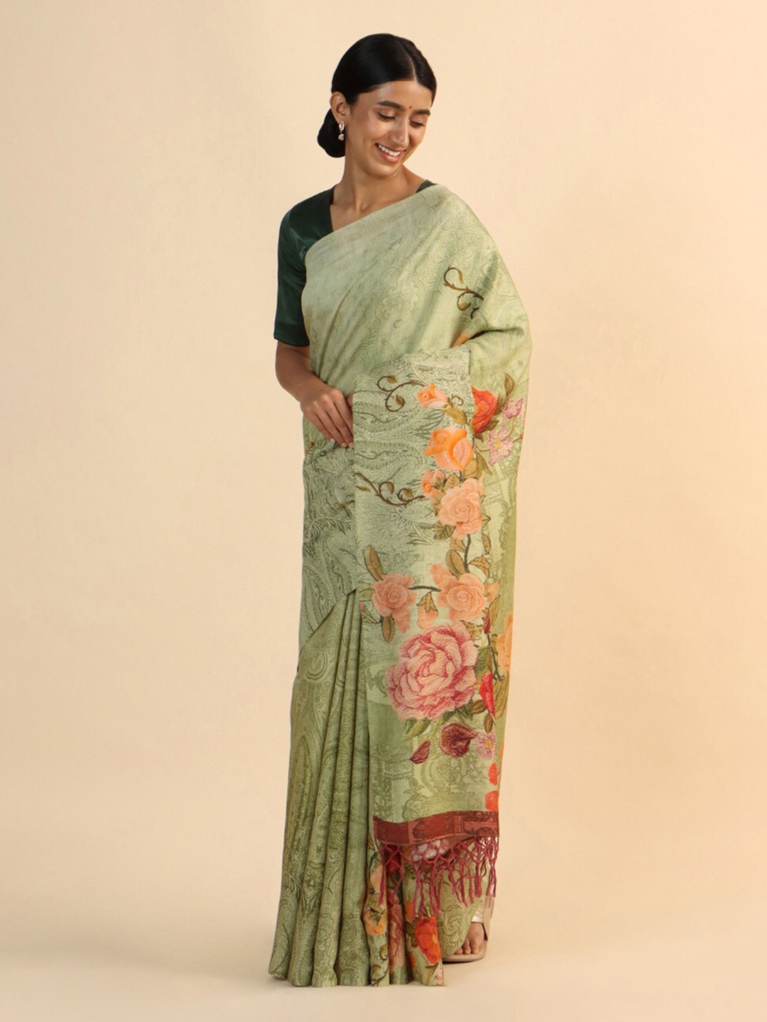 

Taneira Green & Orange Floral Pure Silk Tussar Saree