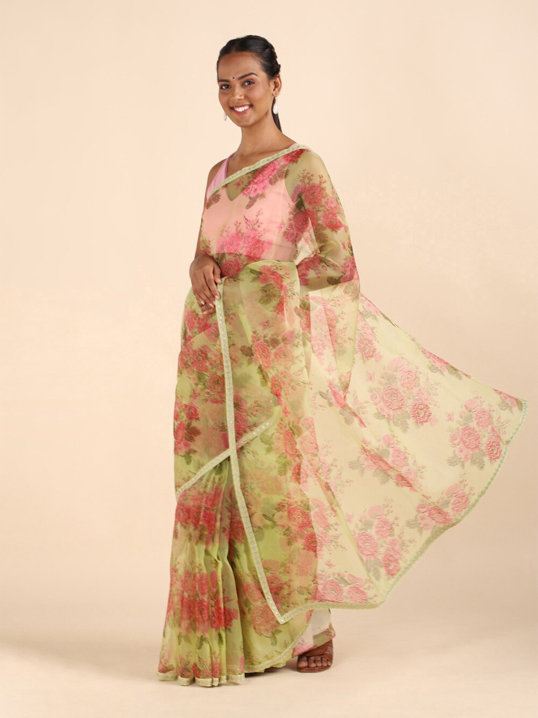 

Taneira Women Green & Purple Floral Organza Saree