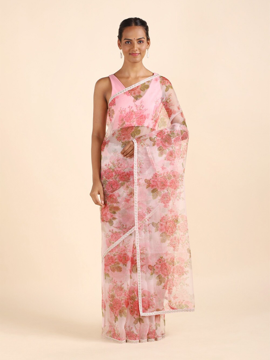 

Taneira Pink & Green Floral Sequinned Organza Saree