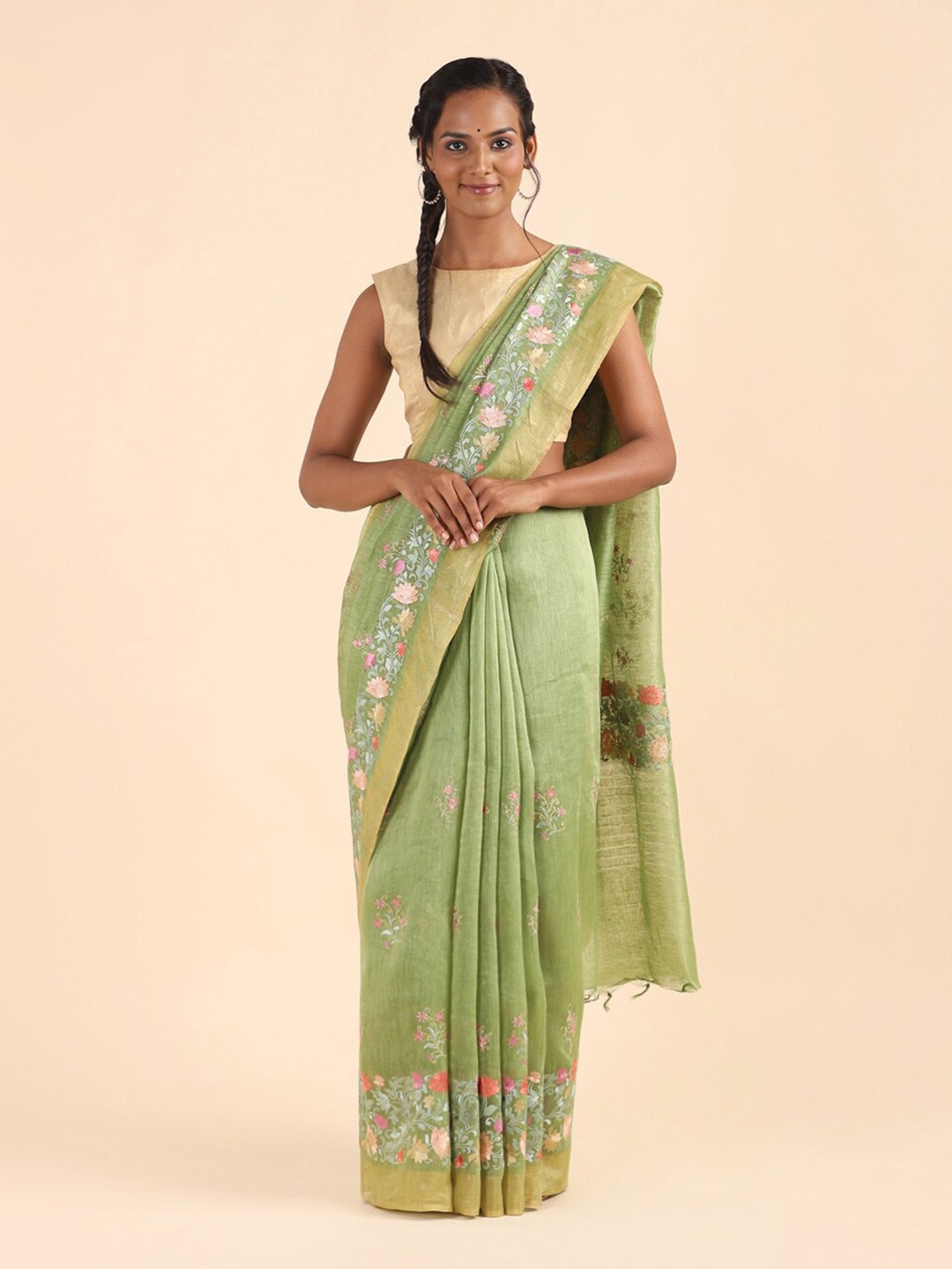

Taneira Green & Pink Floral Pure Linen Saree