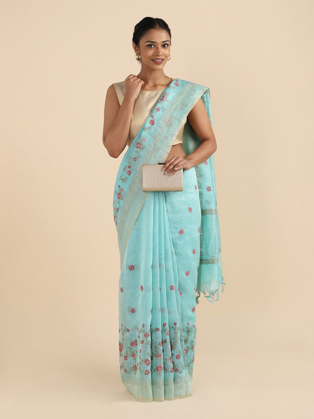 

Taneira Green & Red Floral Print Linen Blend Saree