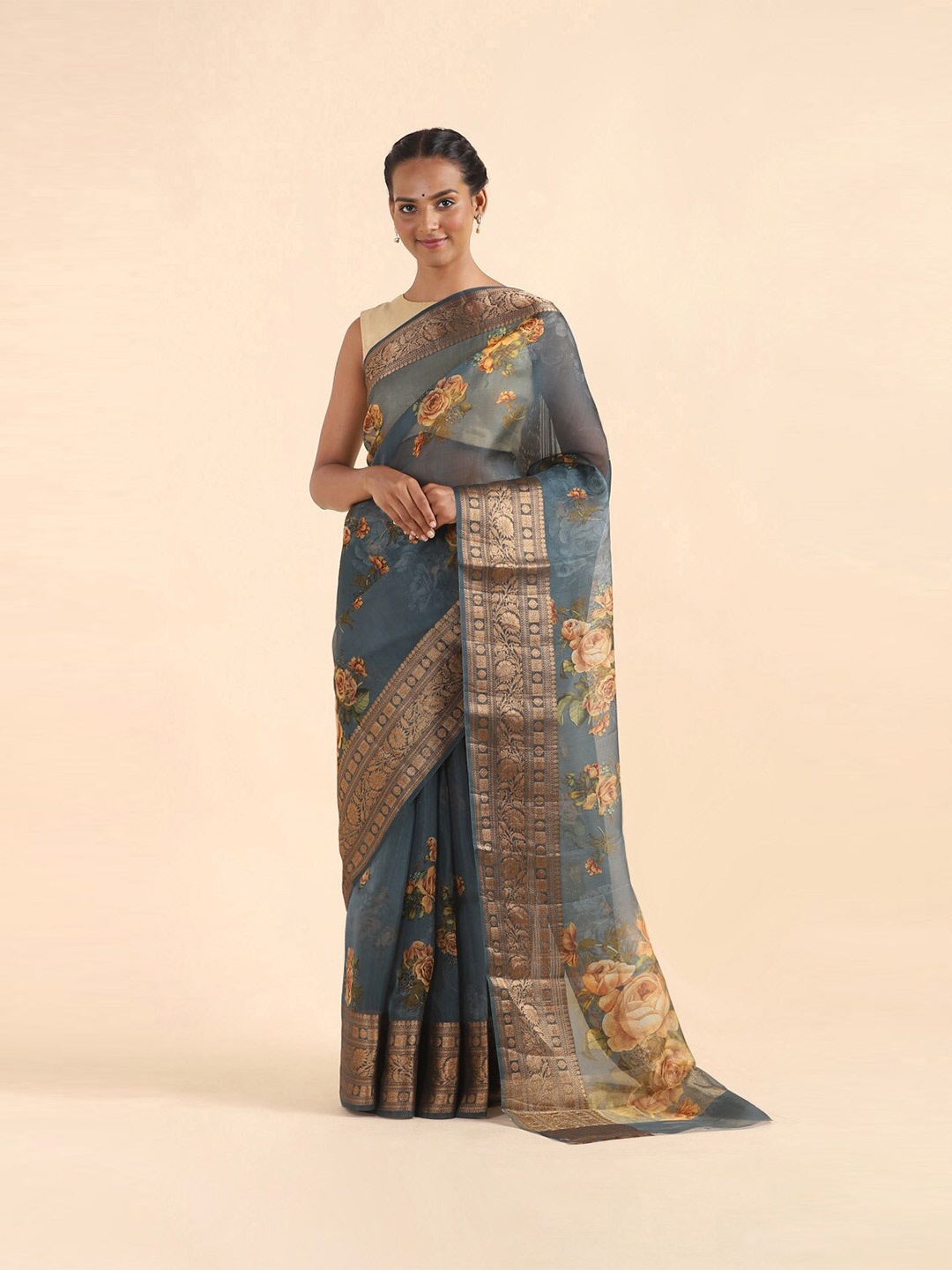 

Taneira Blue & Gold-Toned Floral Zari Organza Saree