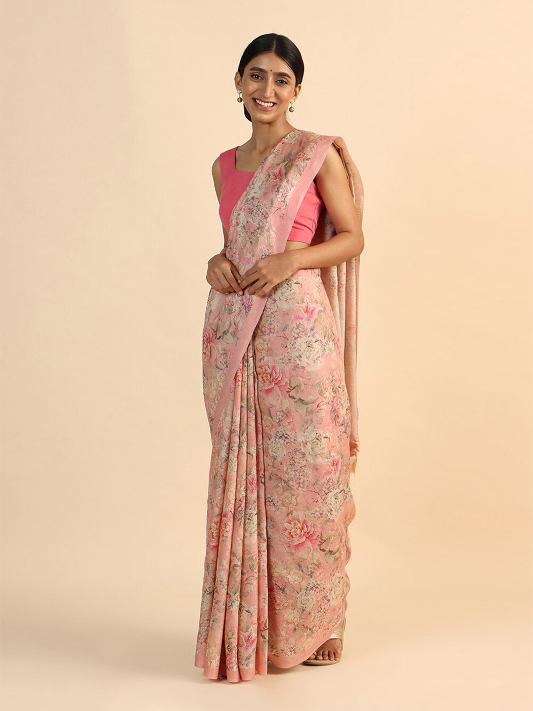 

Taneira Women Pink & Blue Floral Zari Pure Silk Tussar Saree