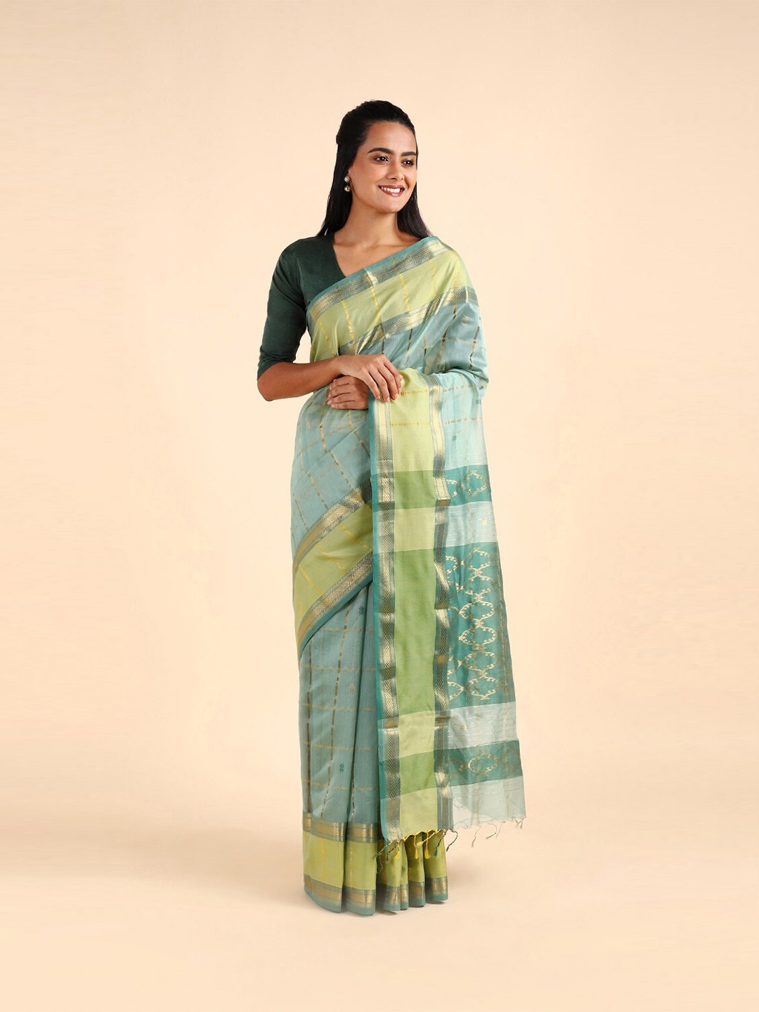 

Taneira Green & Gold-Toned Woven Design Silk Cotton Maheshwari Saree