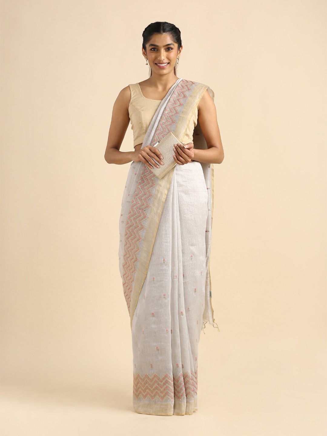 

Taneira Grey & Pink Floral Embroidered Pure Linen Saree