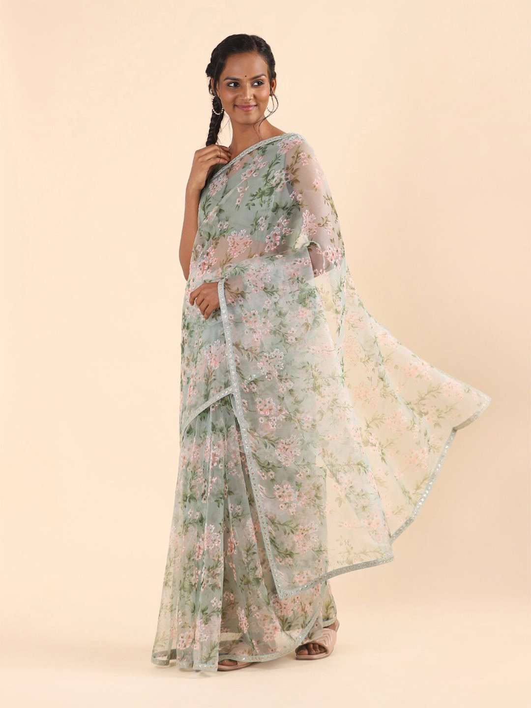 

Taneira Blue & Green Floral Organza Saree