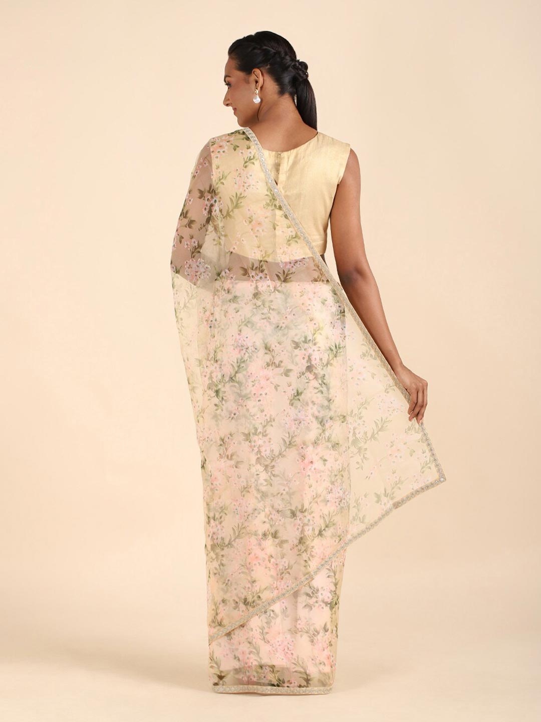 

Taneira Beige & Green Floral Organza Saree