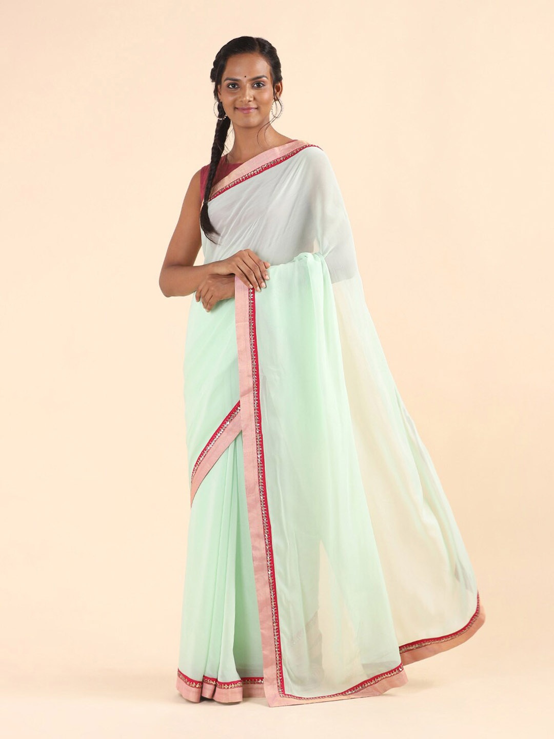 

Taneira Green & Silver-Toned Sequinned Silk Blend Saree