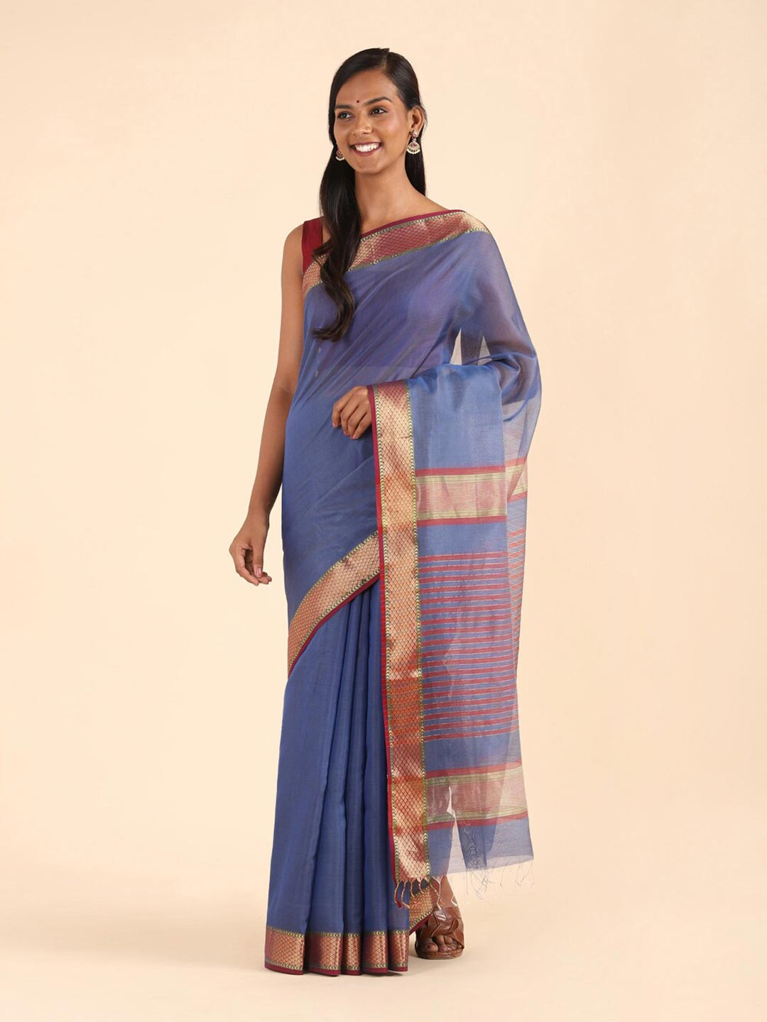 

Taneira Blue & Pink Zari Silk Cotton Maheshwari Saree
