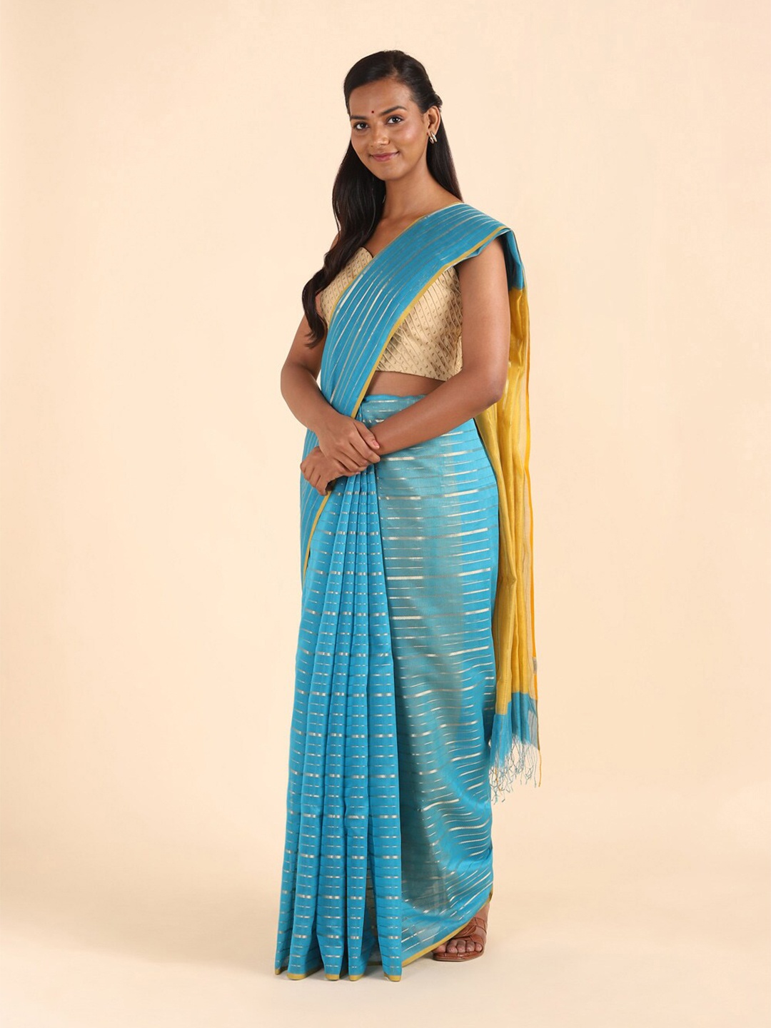 

Taneira Blue & Yellow Striped Silk Cotton Maheshwari Saree