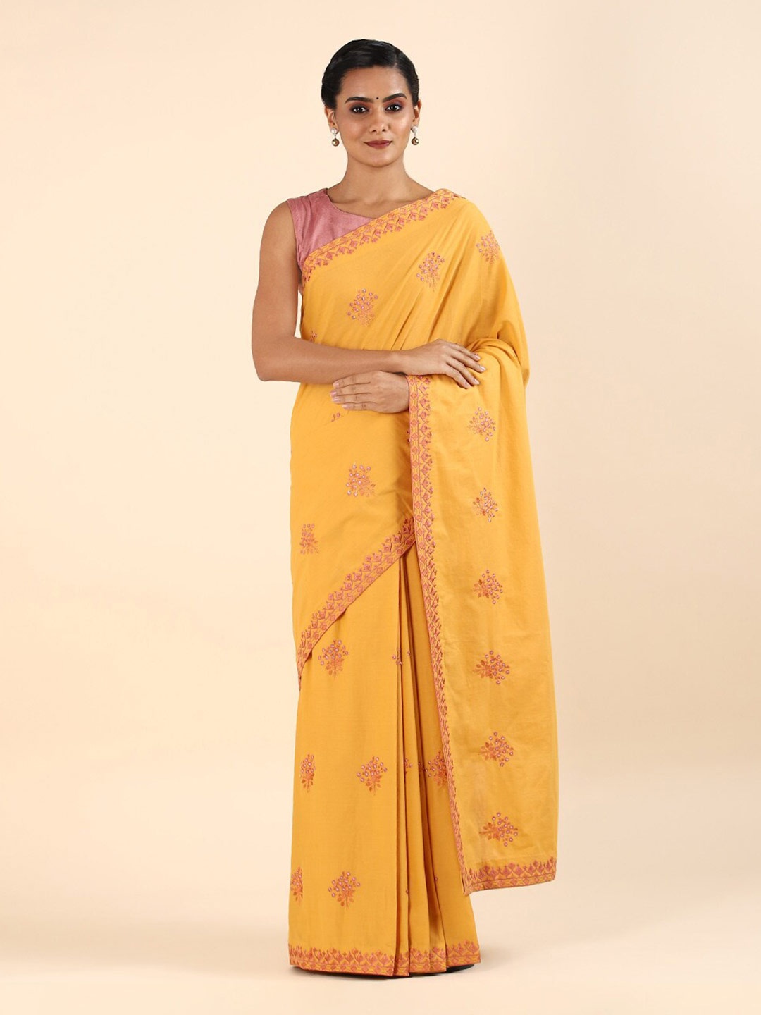 

Taneira Orange & Pink Floral Embroidered Pure Cotton Saree