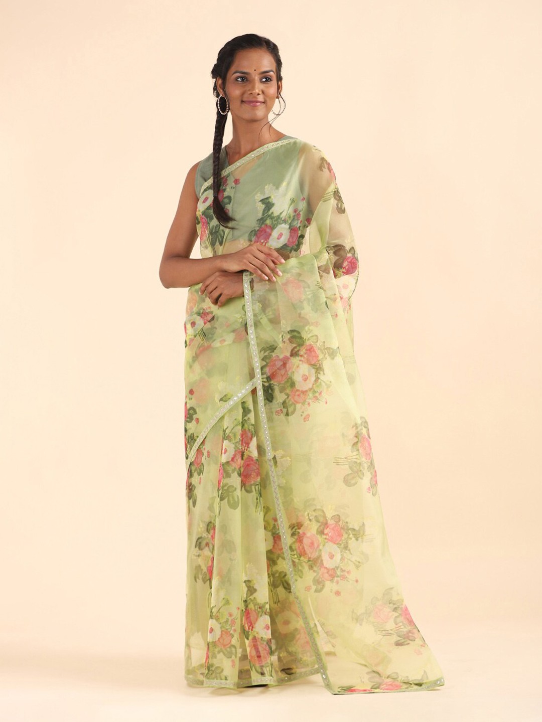 

Taneira Green & Pink Floral Organza Saree