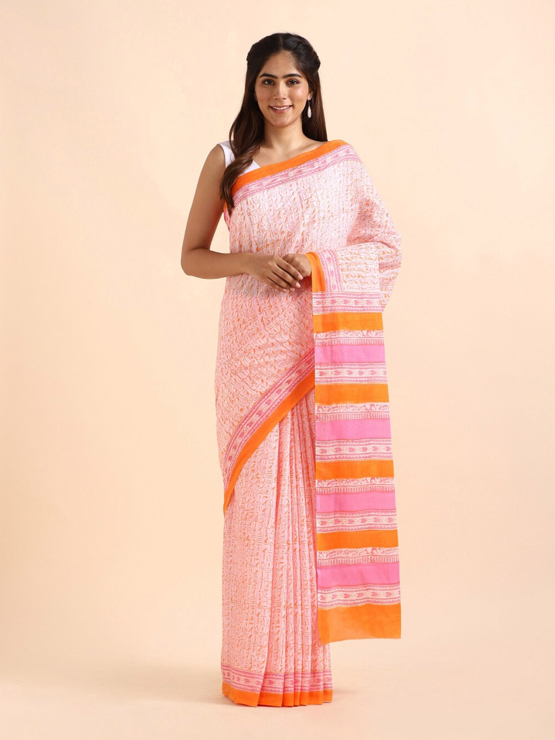 

Taneira Orange & Pink Striped Zari Pure Cotton Saree