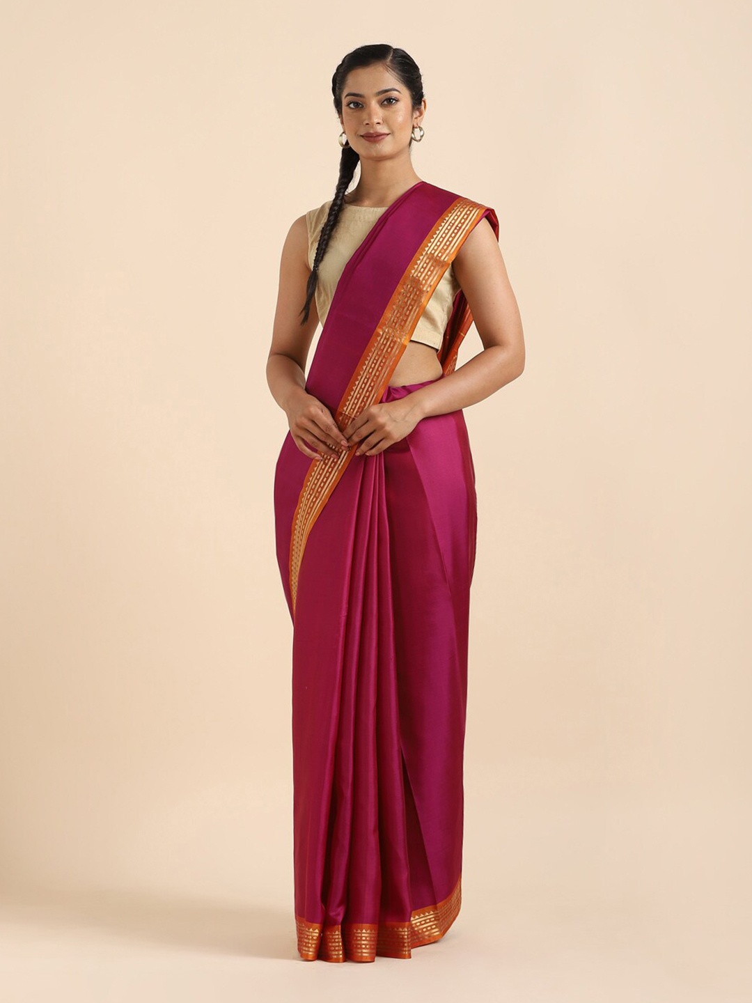 

Taneira Purple & Orange Zari Pure Silk Saree