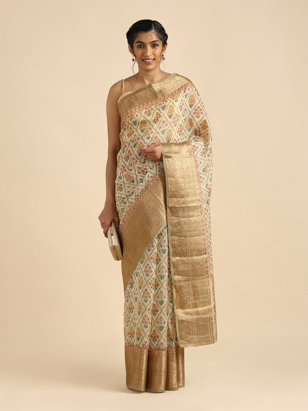 

Taneira Yellow & Gold-Toned Printed & Woven Design Zari Organza Saree