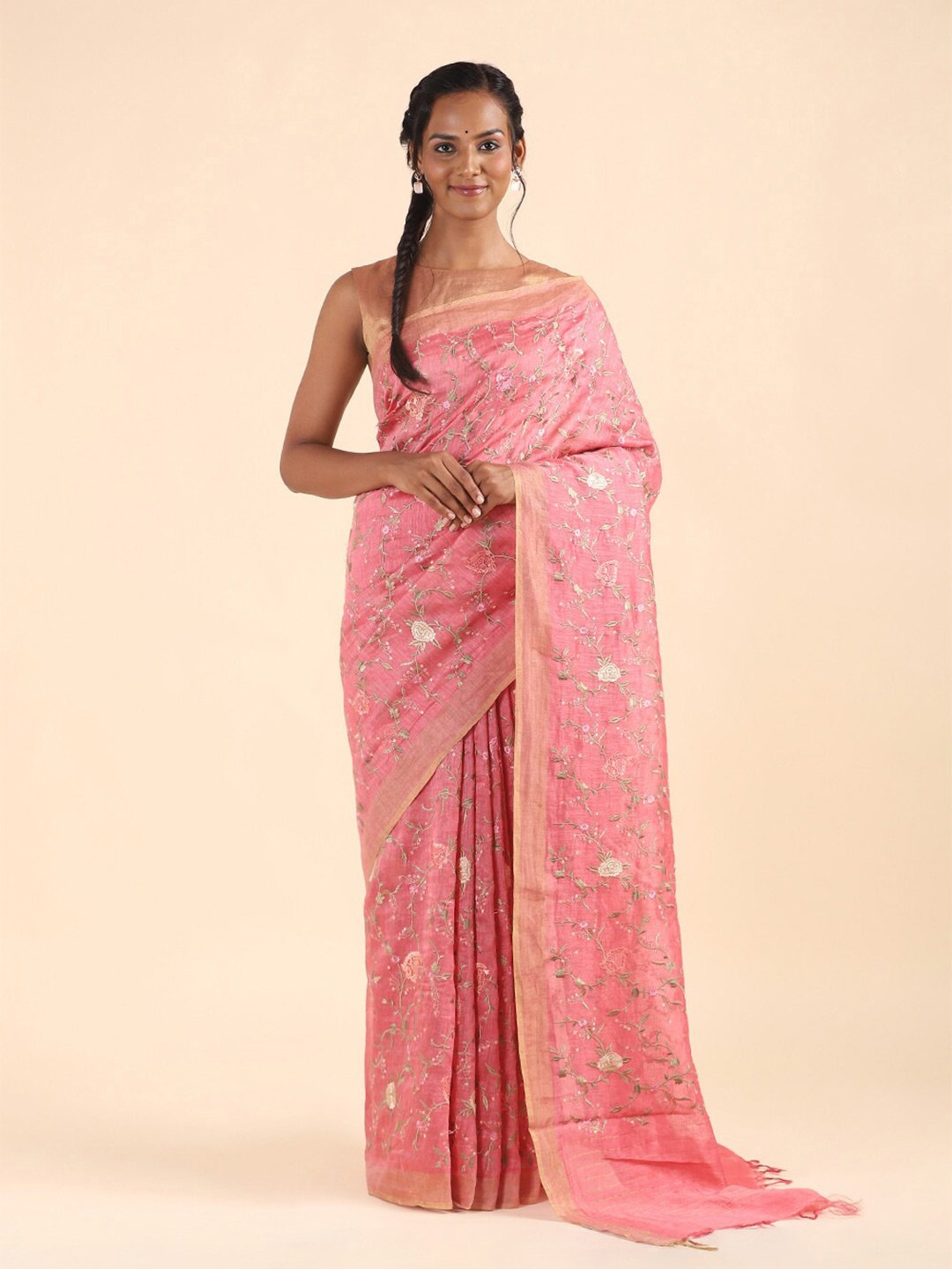 

Taneira Women Pink & Green Floral Embroidered Pure Linen Saree