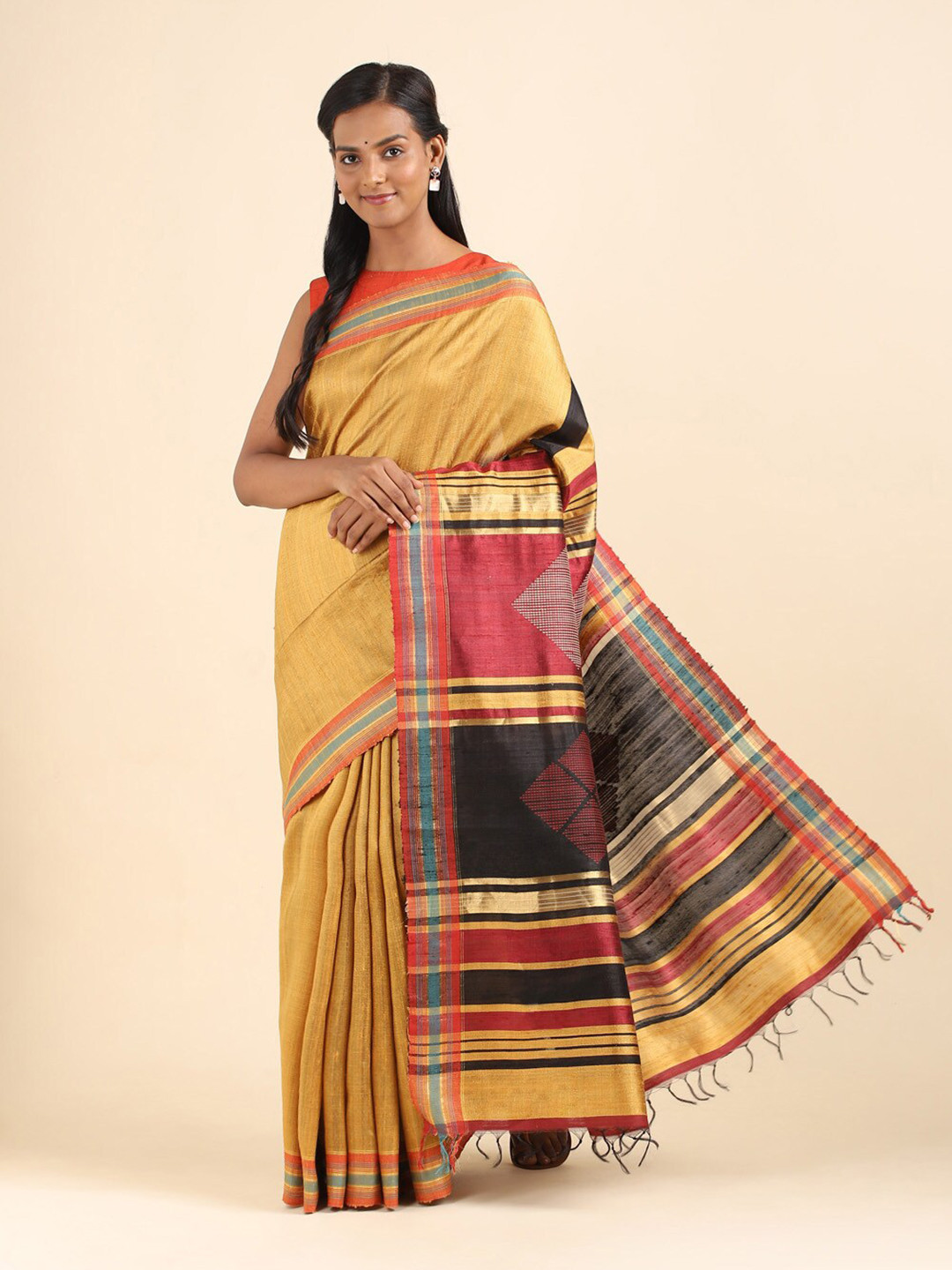 

Taneira Yellow & Red Striped Zari Pure Silk Bhagalpuri Saree