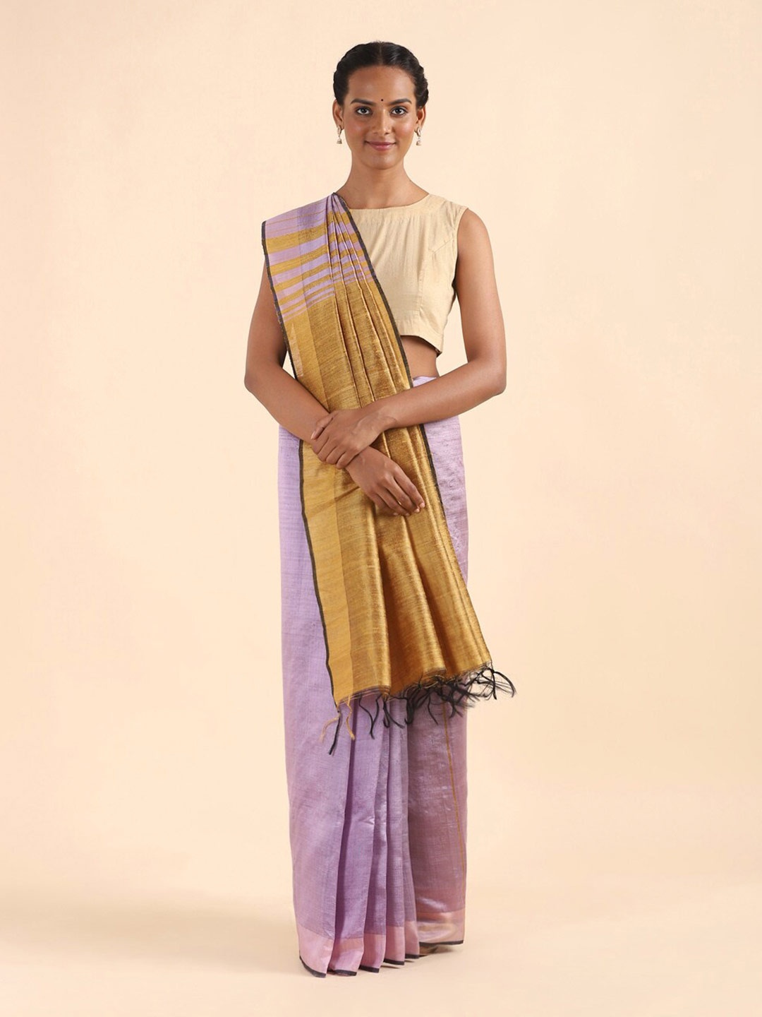 

Taneira Violet & Mustard Pure Silk Bhagalpuri Saree