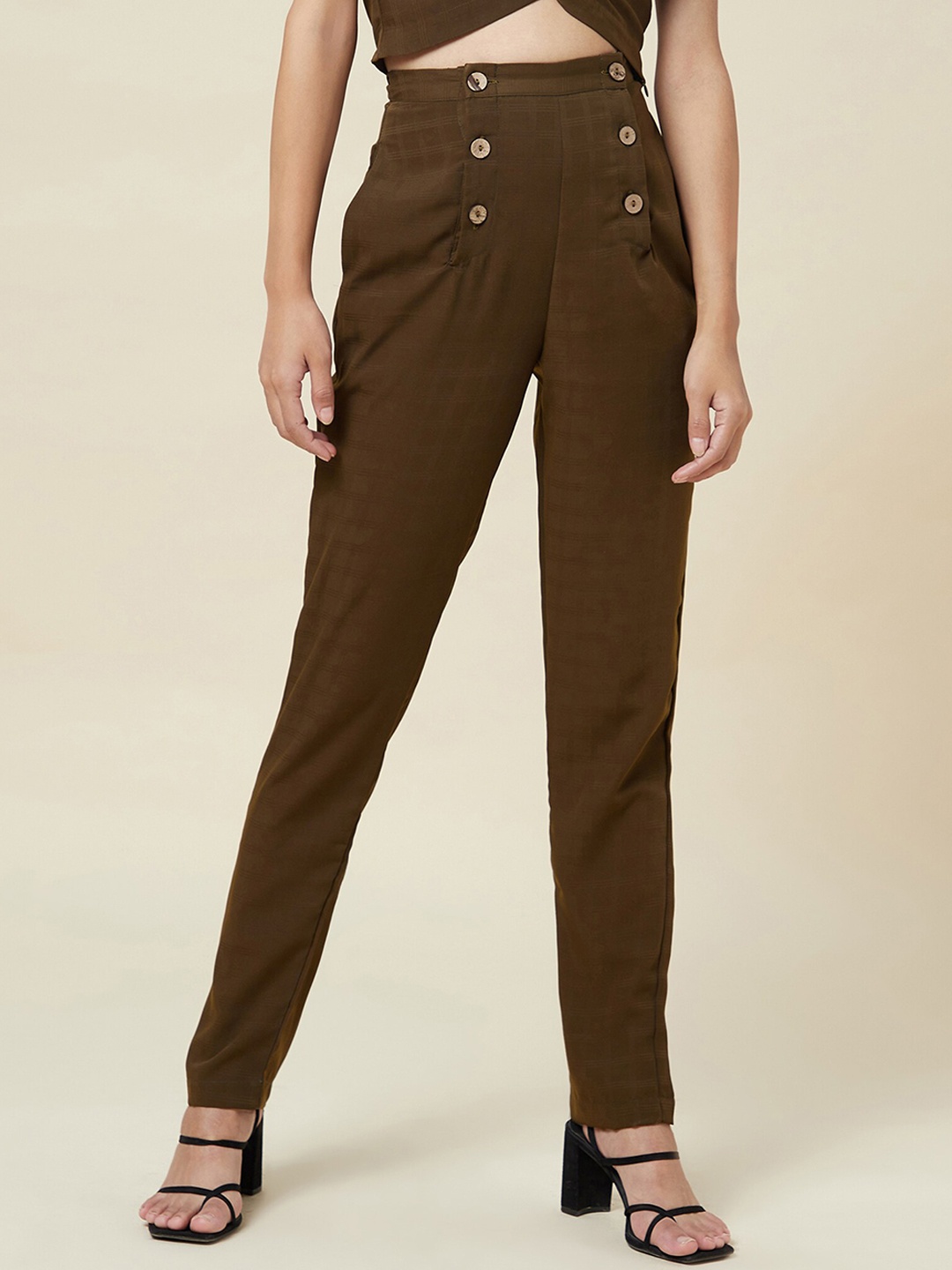 

enzeo Women Olive Green Sharp Slim Fit High-Rise Pleated Trousers