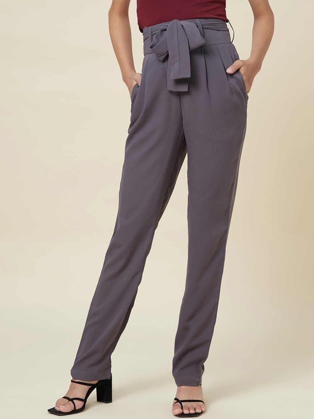 

enzeo Women Grey Sharp Slim Fit High-Rise Pleated Trousers