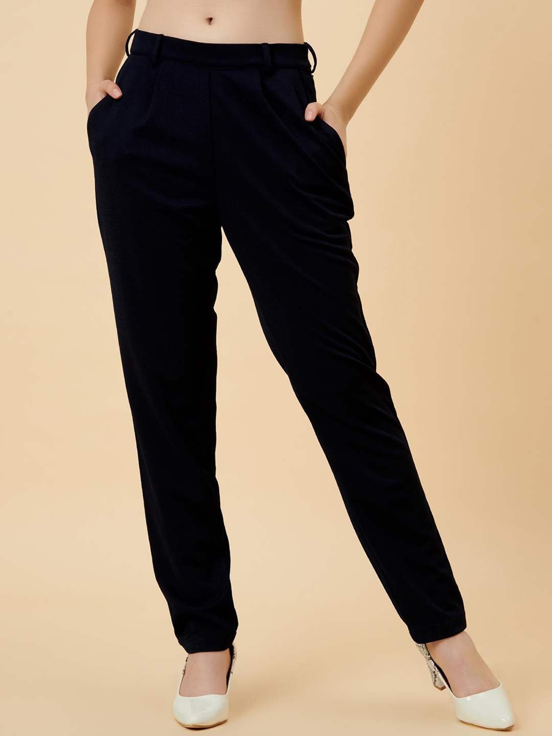 

enzeo Women Navy Blue Comfort Straight Fit Pleated Trousers