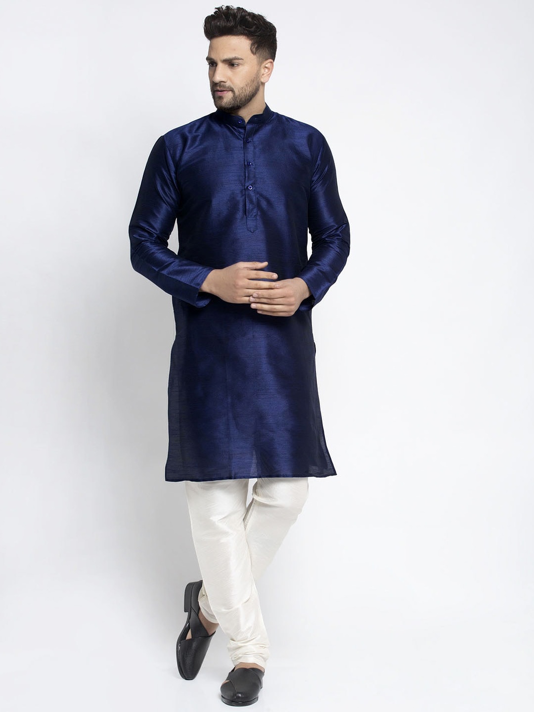 

Jompers Men Navy Blue Dupion Silk Kurta with Pyjama
