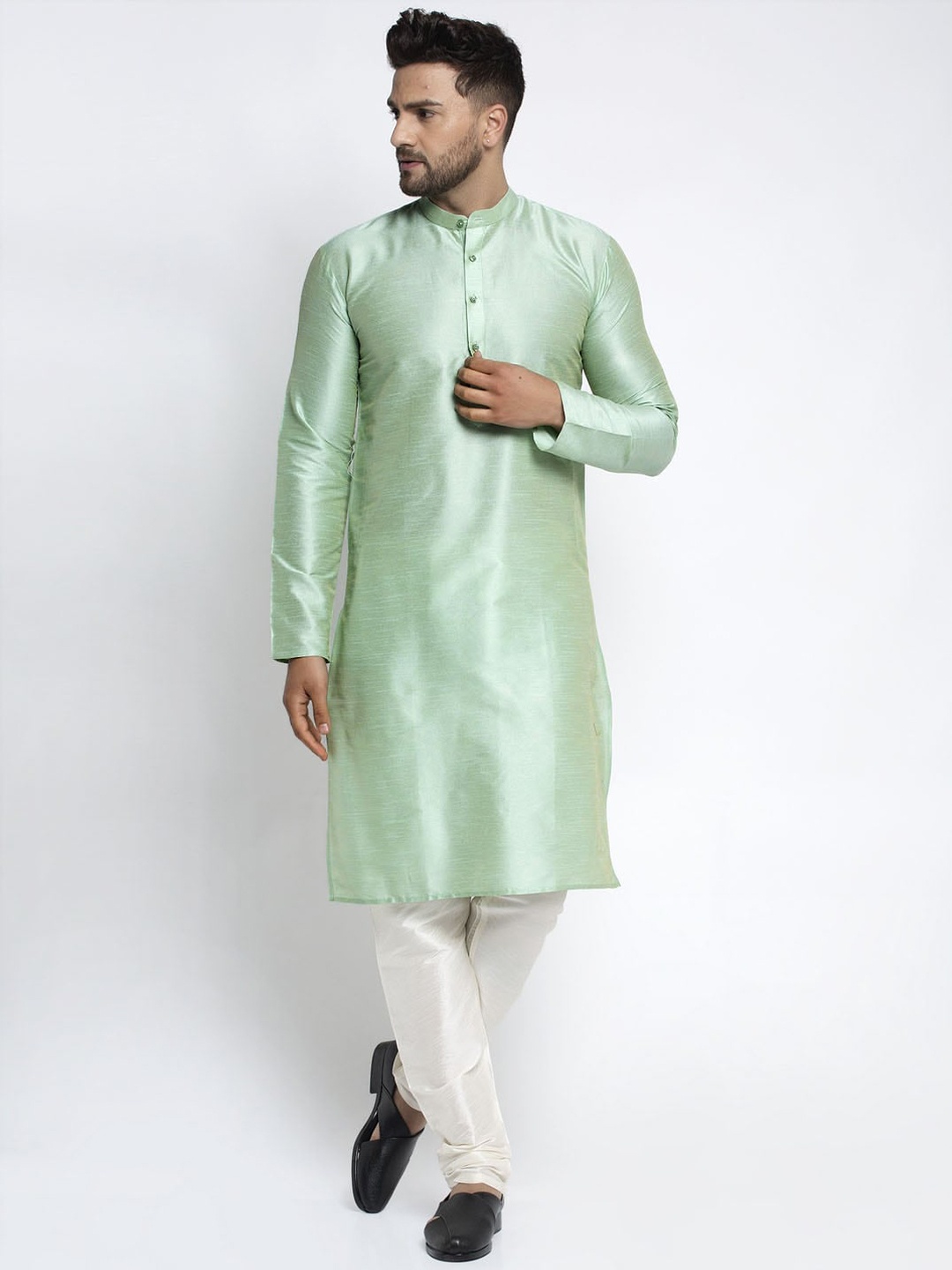 

Jompers Men Green Pleated Dupion Silk Kurta with Pyjamas