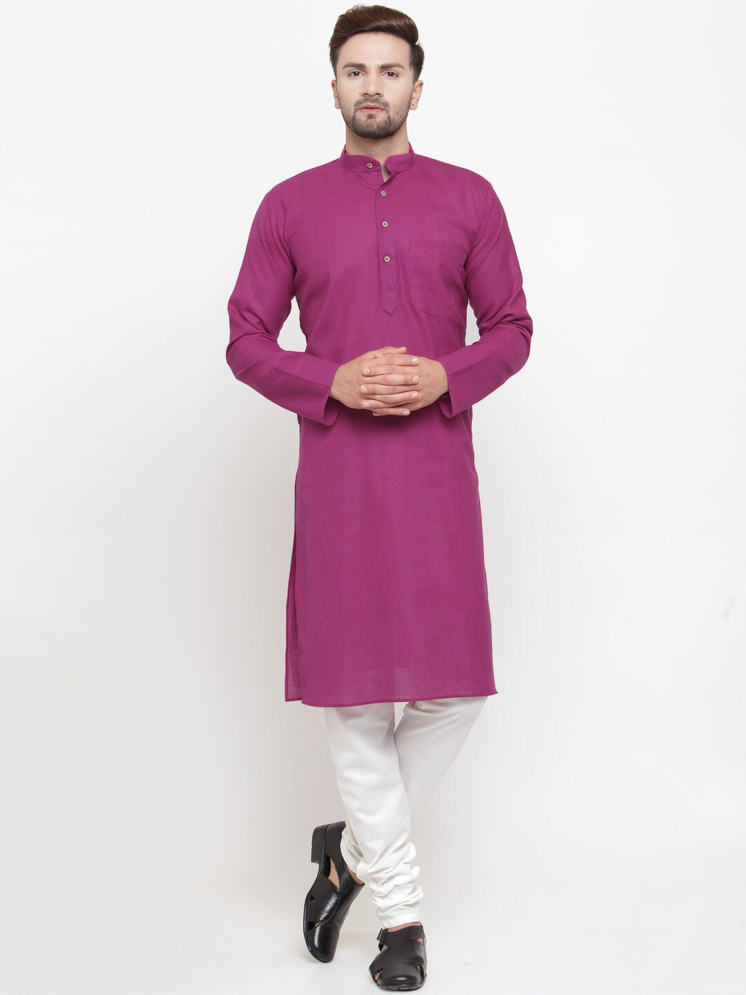 

Jompers Men Pink Mandarin Collar Pure Cotton Kurta with Churidar