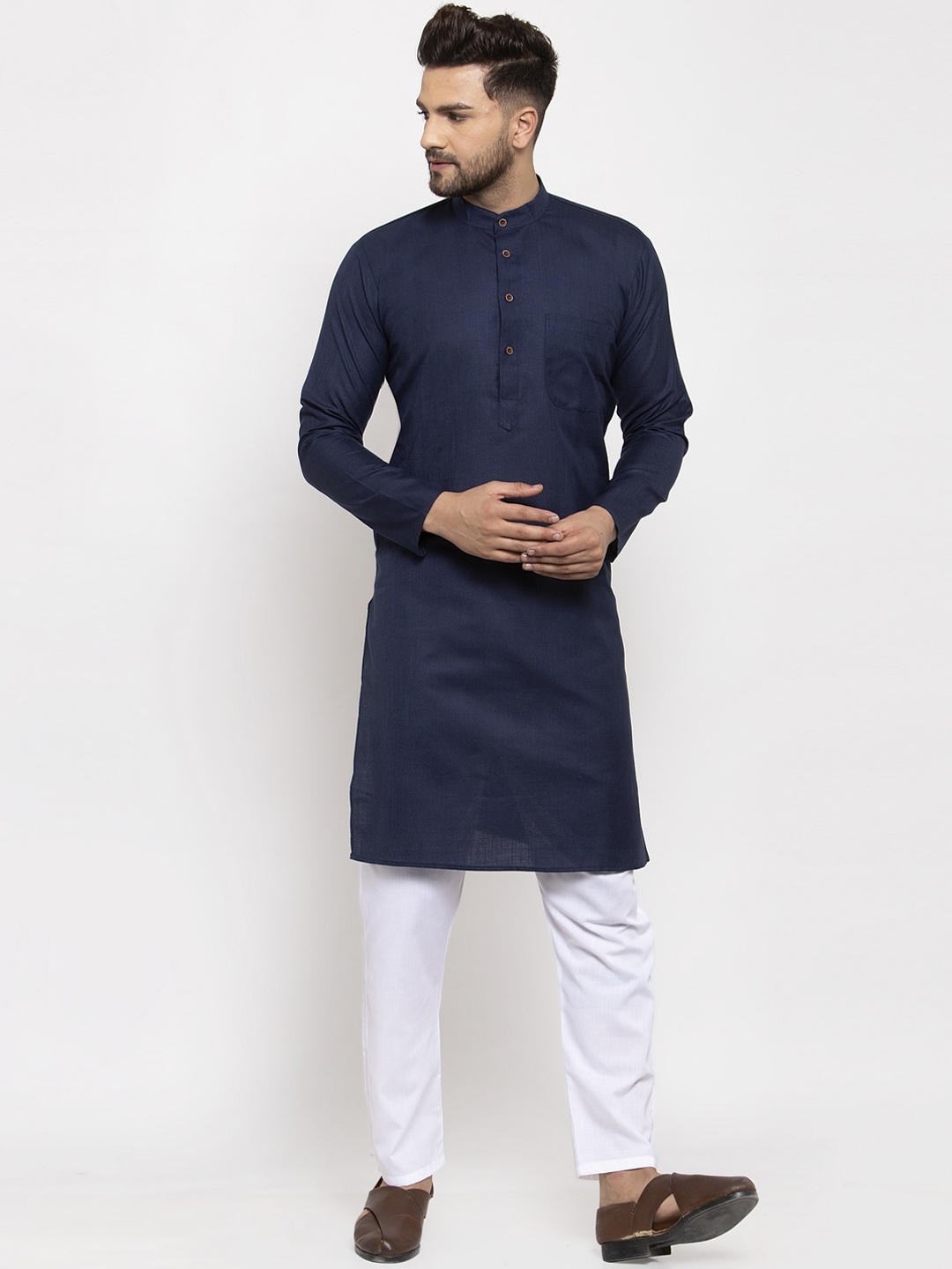 

Jompers Men Navy Blue Angrakha Pure Cotton Kurta with Pyjamas