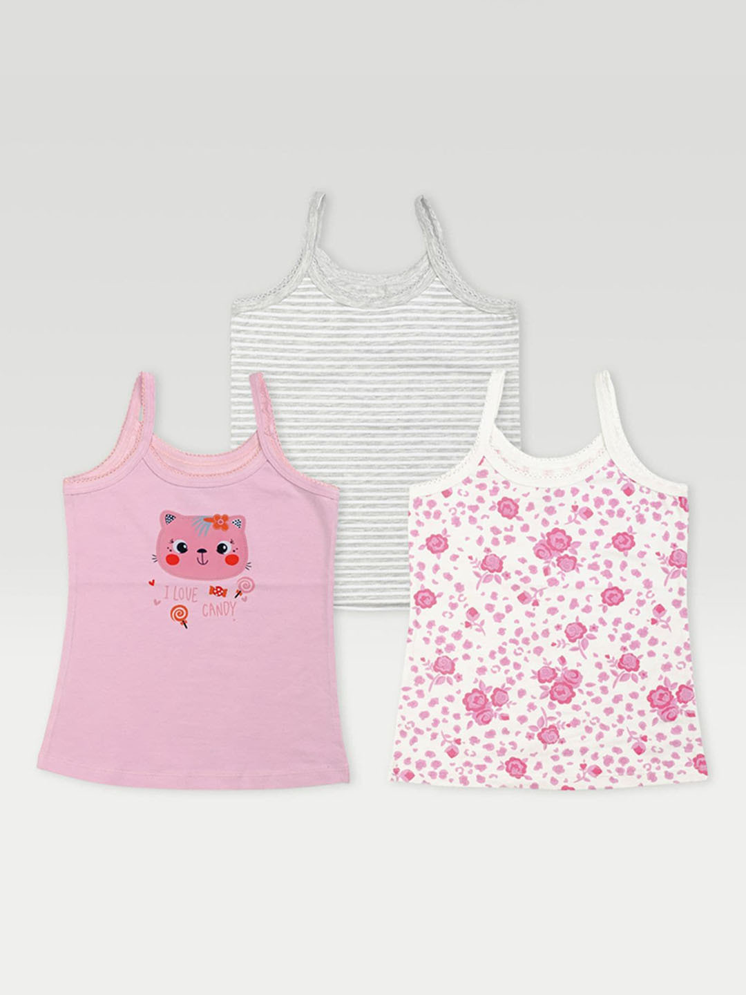 

haus & kinder Girls Pack Of 3 Pink, Grey & White Printed Cotton Camisoles
