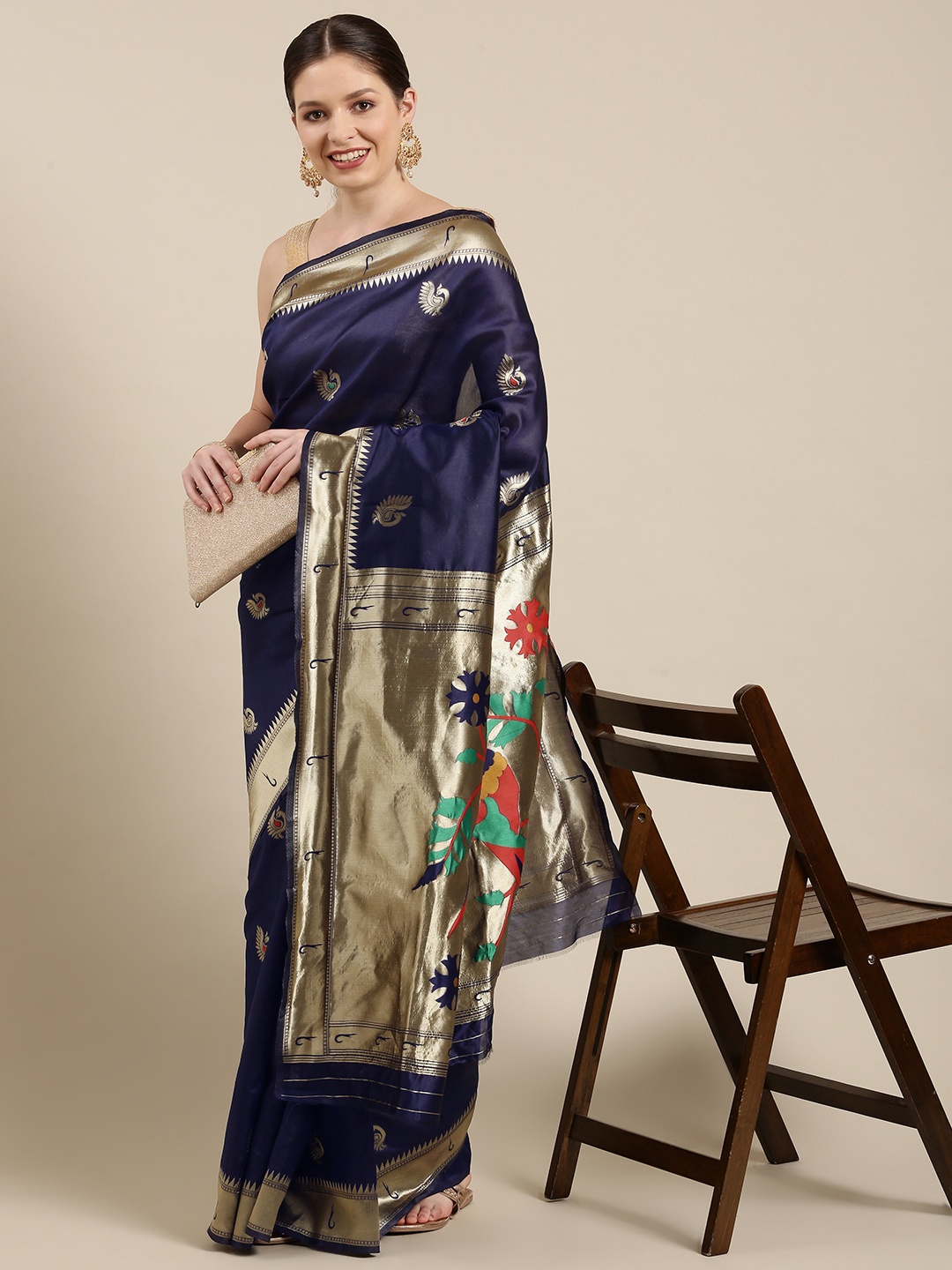 

KALINI Navy Blue & Gold-Toned Ethnic Motifs Zari Silk Blend Paithani Saree