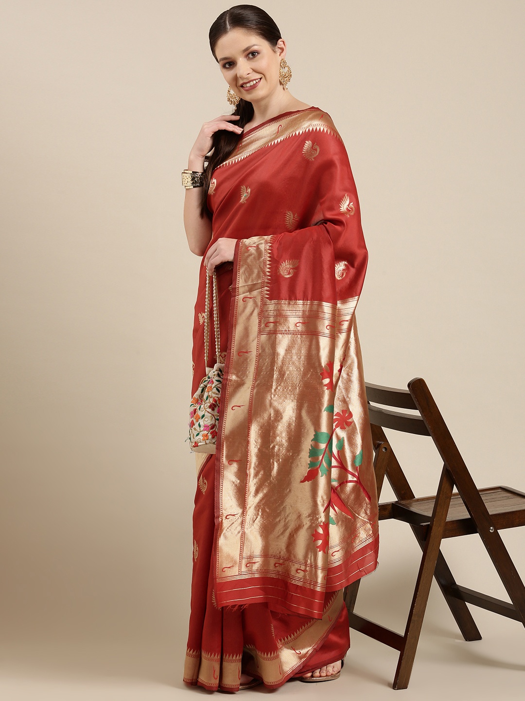 

KALINI Red & Gold-Toned Ethnic Motifs Zari Silk Blend Paithani Saree