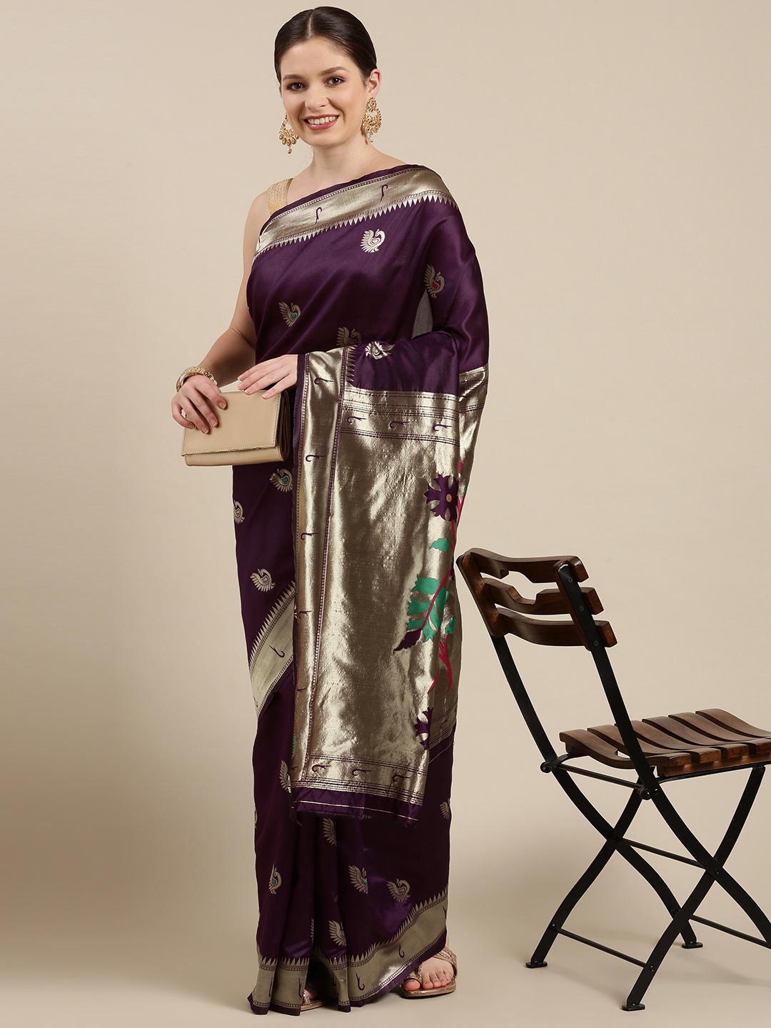 

KALINI Purple & Gold-Toned Ethnic Motifs Zari Silk Blend Paithani Saree