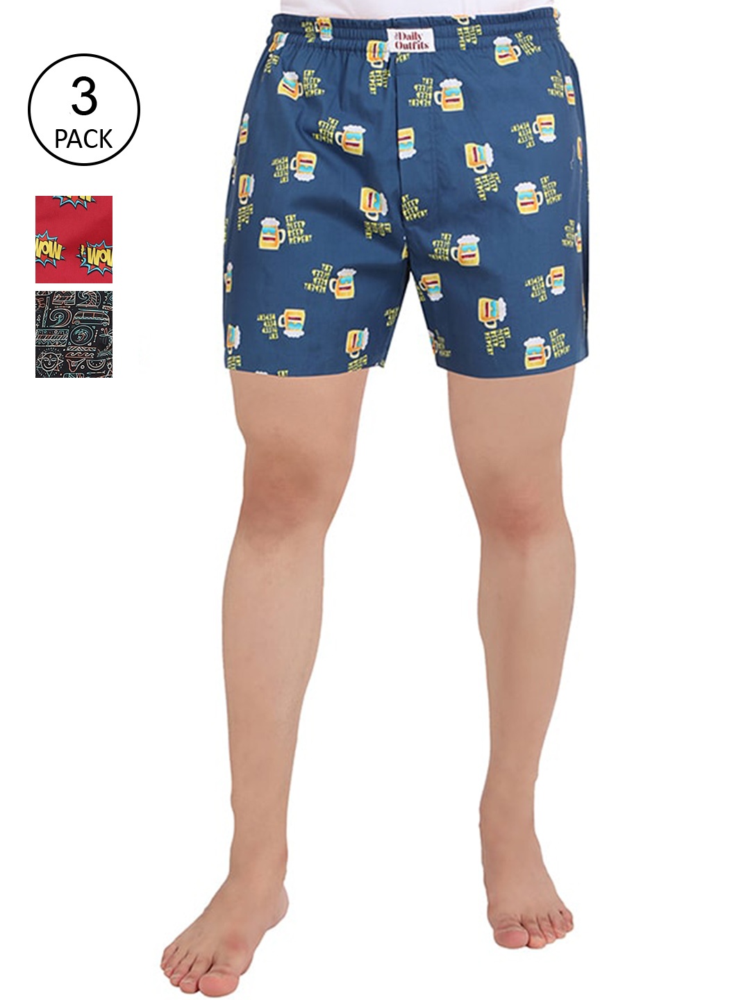 

THE DAILY OUTFITS Men Pack Of 3 Printed Pure Cotton Digi Boxer, Red