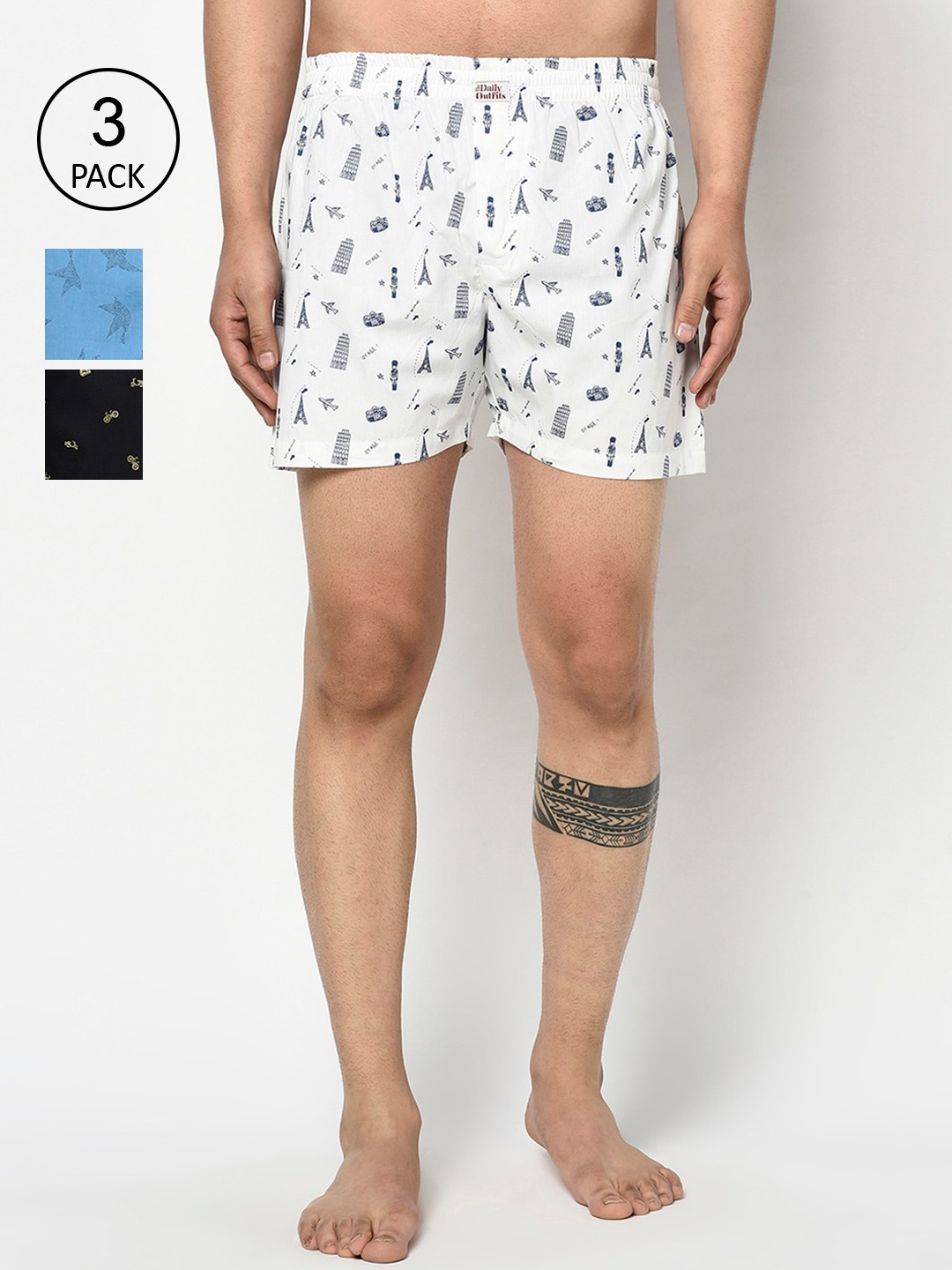 

THE DAILY OUTFITS Men White Pack Of 3 Printed Pure Cotton Boxers, Blue