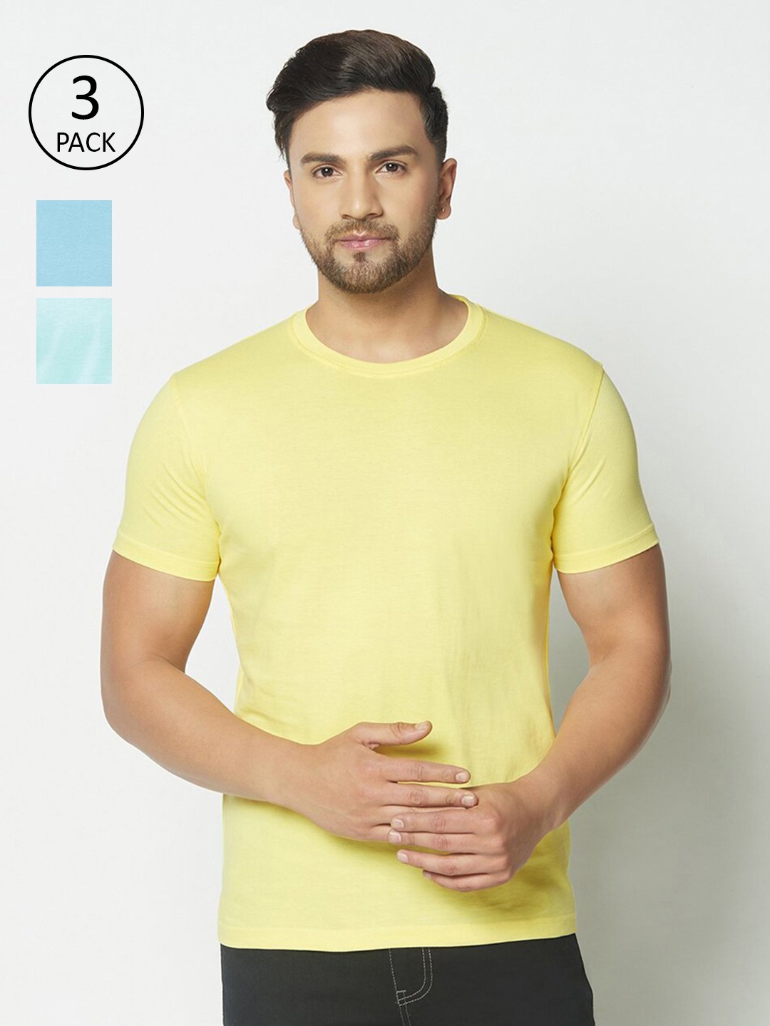 

THE DAILY OUTFITS Men Pack of 3 Yellow & Blue Round Neck Cotton T-shirts