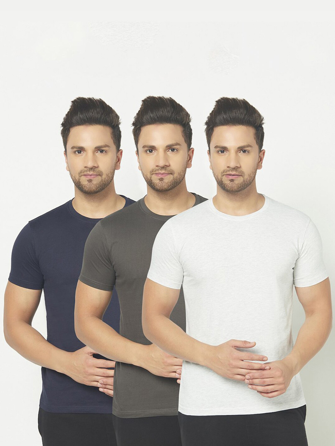 

THE DAILY OUTFITS Men Pack Of 3 Navy Blue Charcoal & Off White Round Neck T-shirts