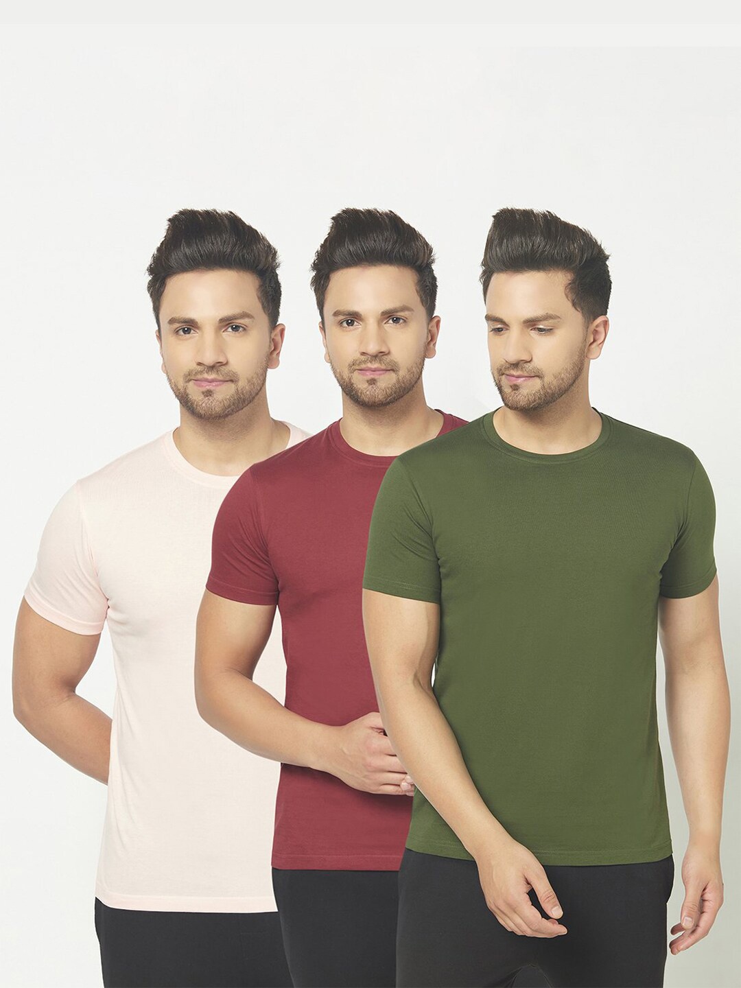 

THE DAILY OUTFITS Men Pack of 3 Peach, Maroon & Olive Round Neck T-shirt