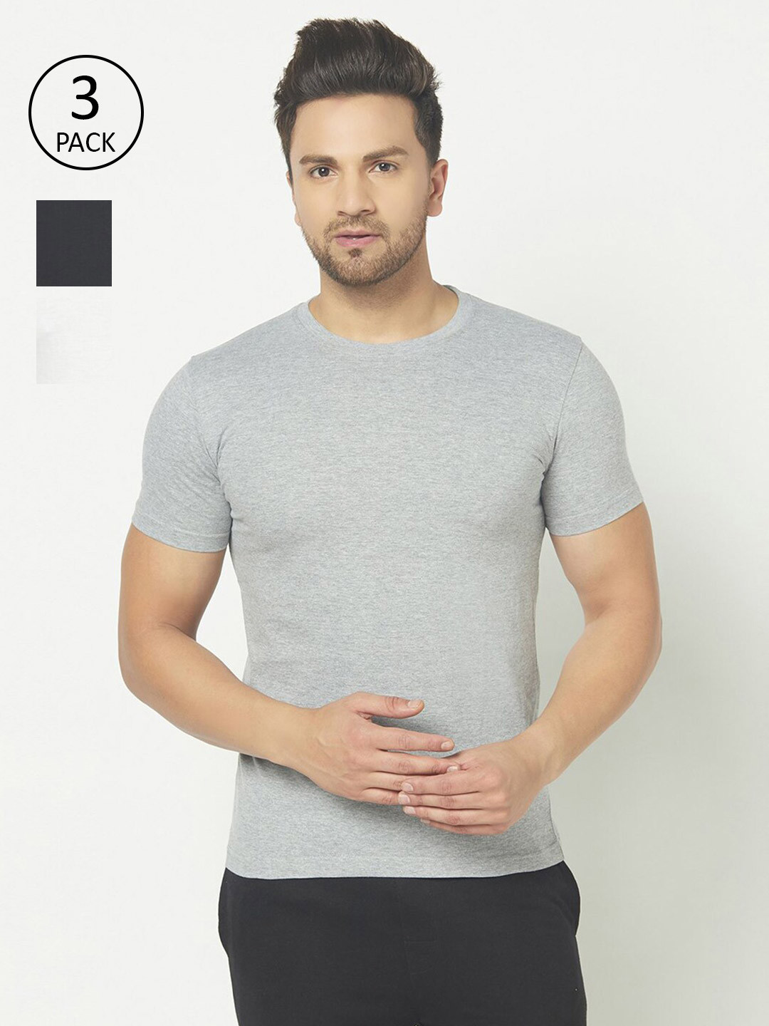 

THE DAILY OUTFITS Men Pack Of 3 White Black & Grey Round Neck T-shirts