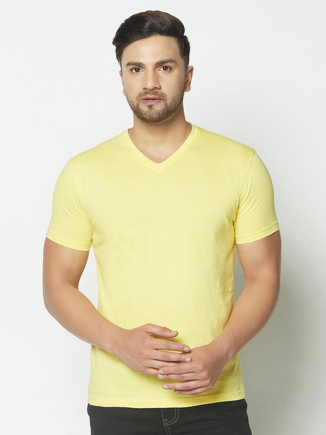 

THE DAILY OUTFITS Men Yellow V-Neck T-shirt