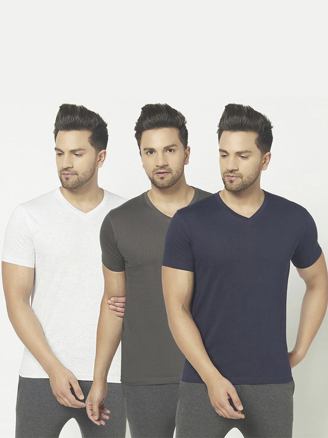 

THE DAILY OUTFITS Men Pack of 3 Grey Navy Blue & White V-Neck T-shirts