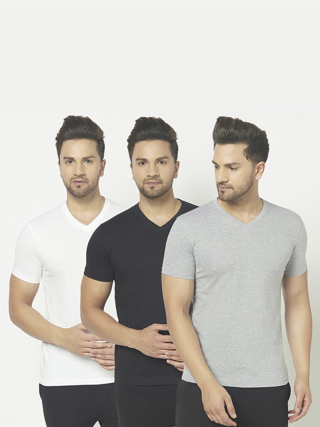 

THE DAILY OUTFITS Men Pack Of 3 White Black & Grey Cotton V-Neck T-shirts