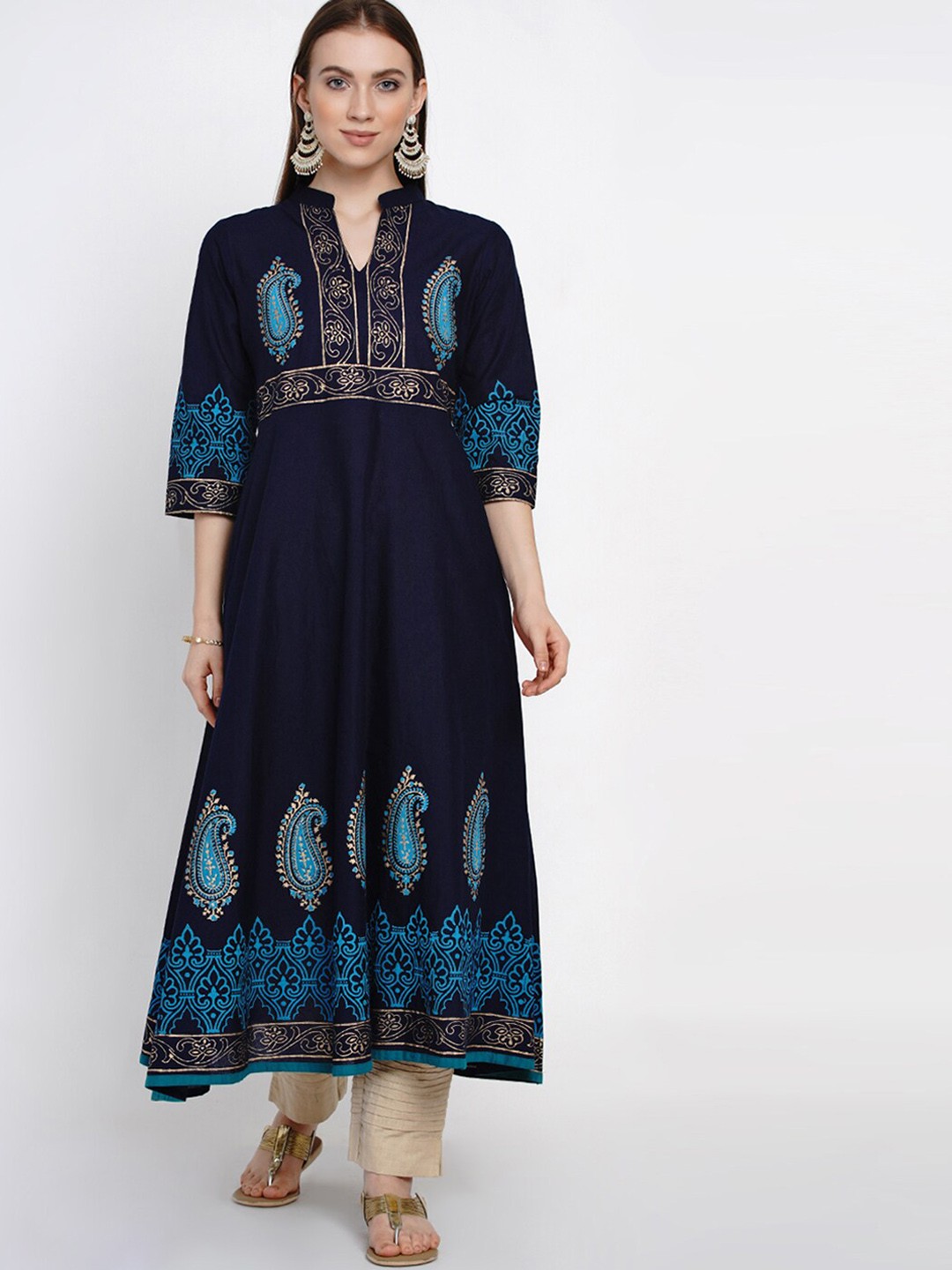 

RIYA Women Blue Ethnic Motifs Embroidered Block Print Anarkali Kurta