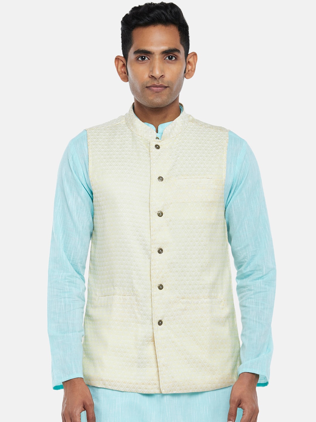 

Indus route by Pantaloons Men Off-White Woven Design Nehru Jacket