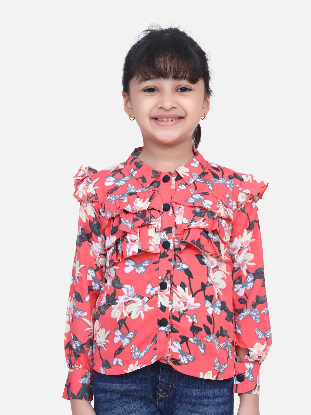 

Cutiekins Pink Floral Print Crepe Shirt Style Top