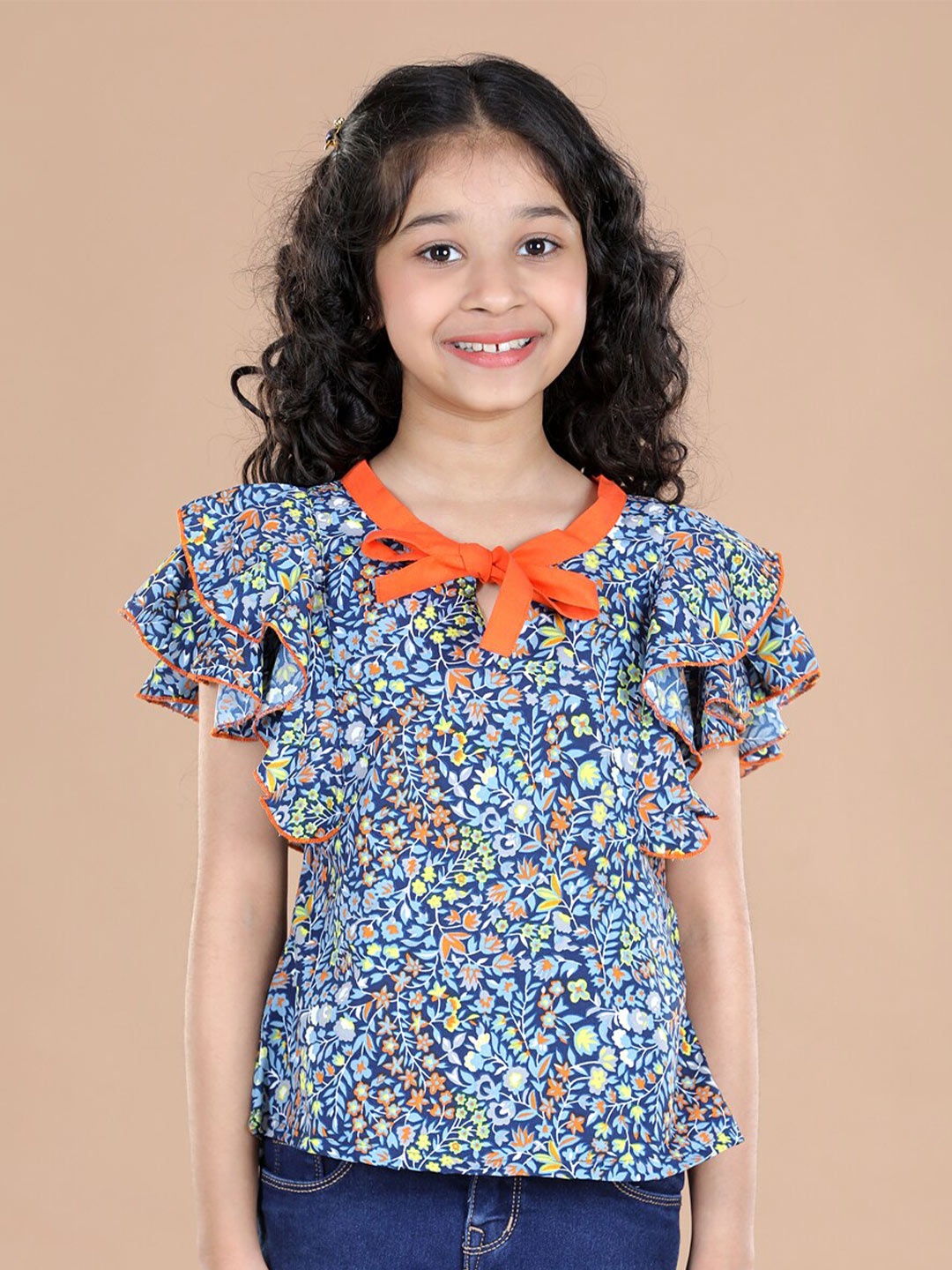 

Cutiekins Blue Floral Print Tie-Up Neck Crepe Shirt Style Top