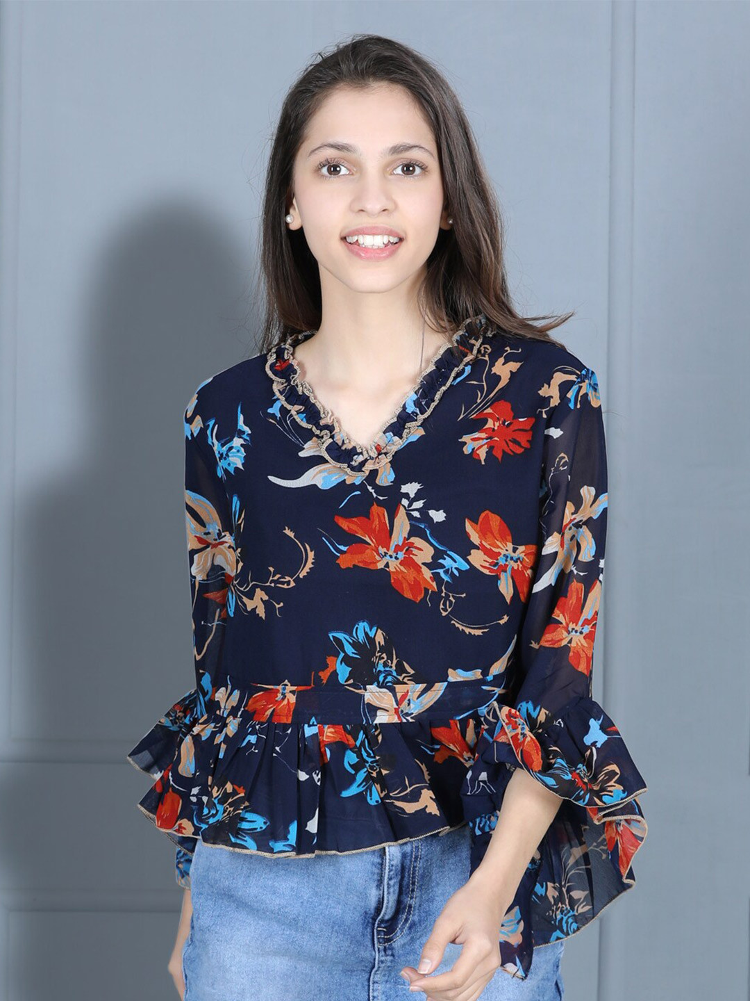 

Cutiekins Navy Blue Floral Print Crepe Peplum Top
