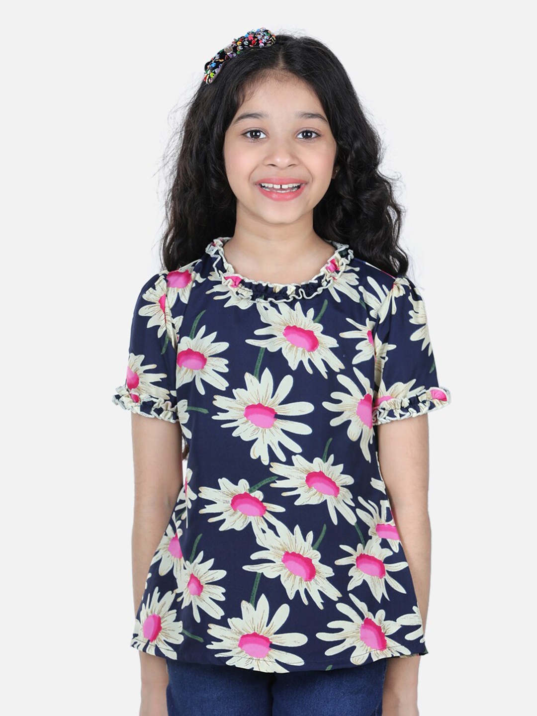 

Cutiekins Navy Blue & Pink Floral Print Crepe Peplum Top