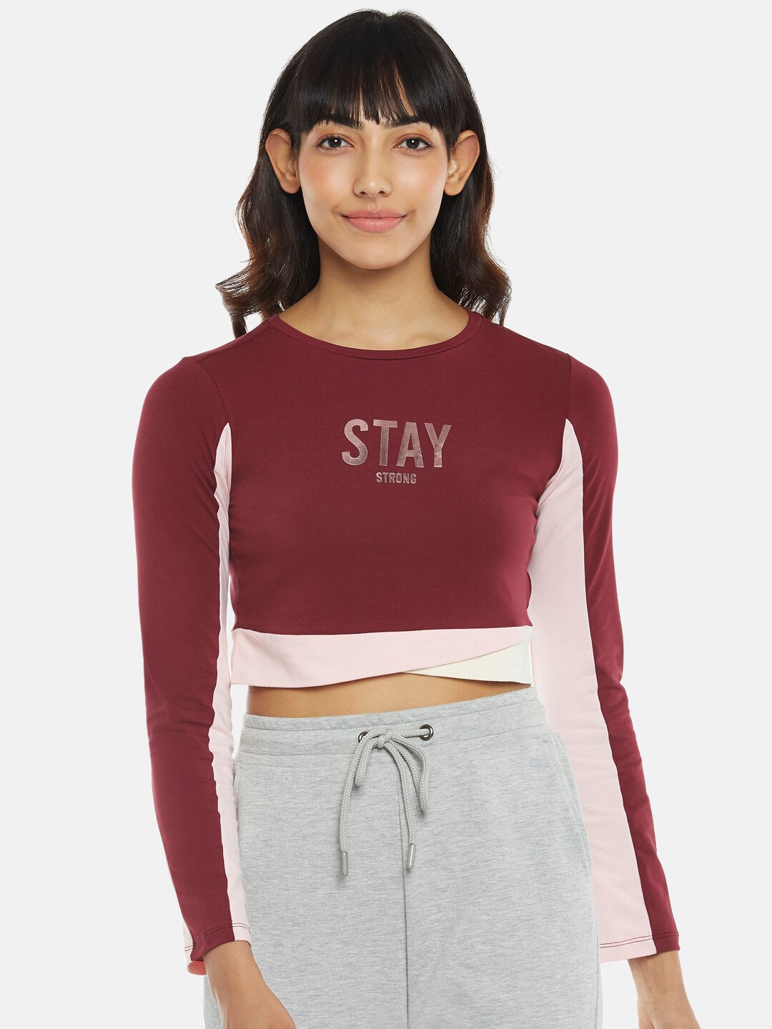 

Ajile by Pantaloons Burgundy & Pink Printed Pure Cotton Crop Top