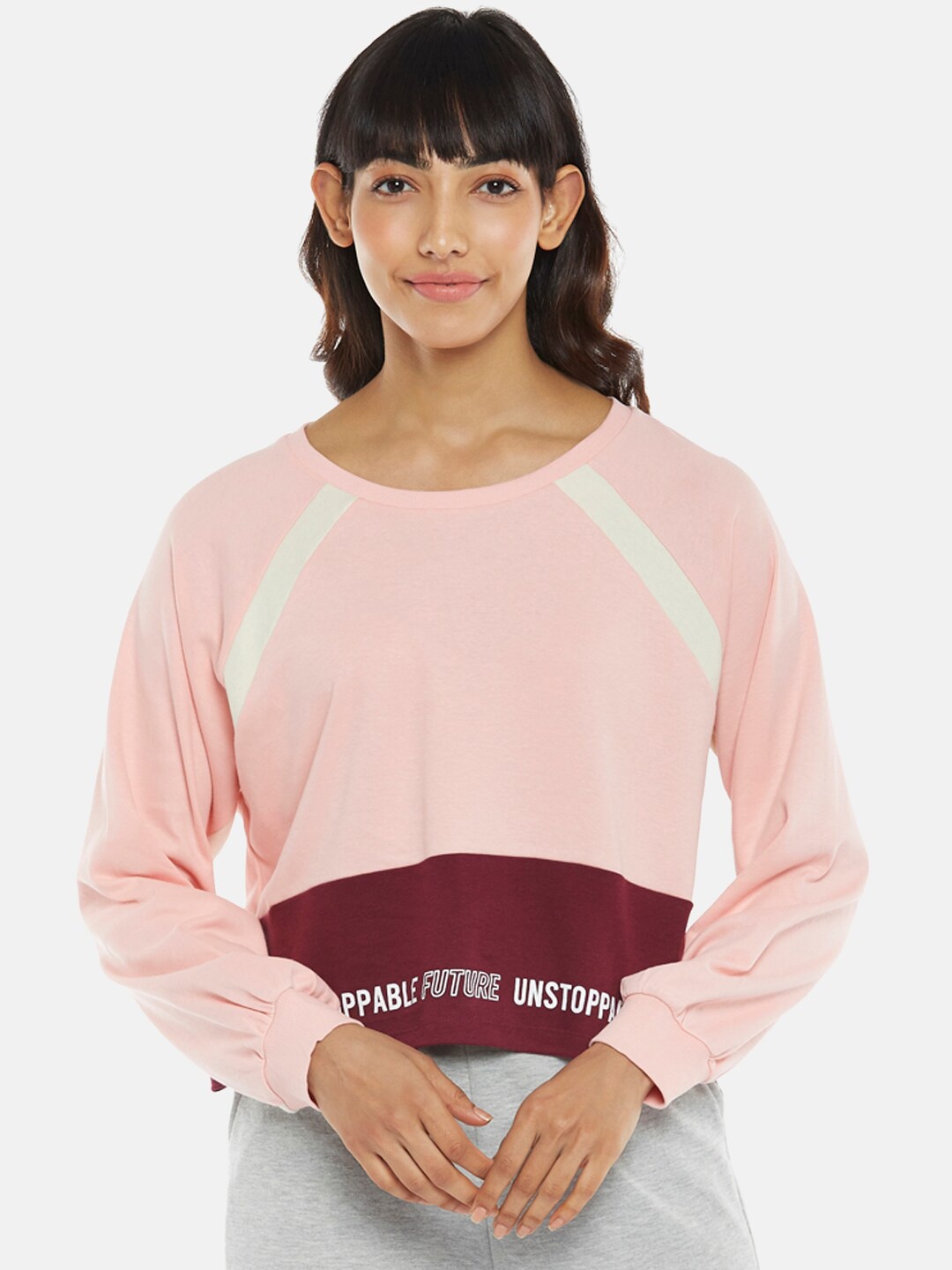 

Ajile by Pantaloons Pink Colourblocked Round Neck Crop Top